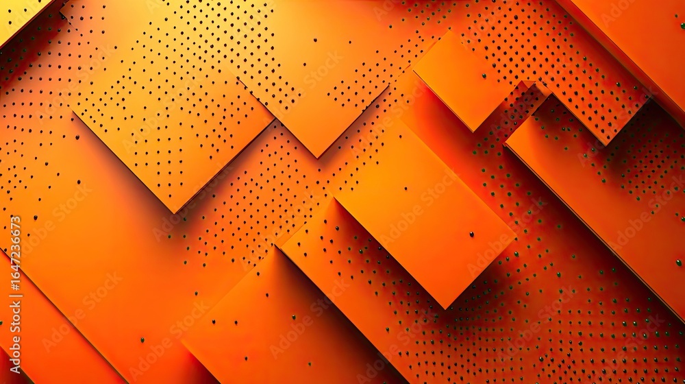 Poster vibrant orange abstract geometry: overlapping planes with textured dot patterns and dynamic lighting