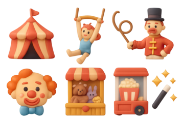 Whimsical circus icons featuring clown, tent, popcorn, and more in 3d cartoon style