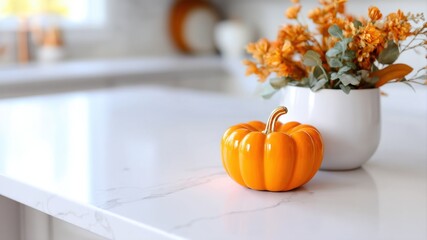 A bright orange pumpkin sits on a marble countertop beside a floral arrangement.