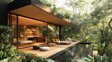 Fototapeta premium Modern Tropical Villa: Seamless Indoor-Outdoor Living with Pool and Lush Greenery.