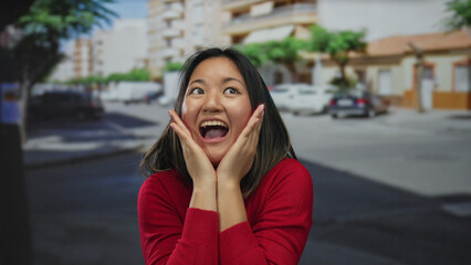 Woman smiling happily on a sunny city street with excitement and joy, surrounded by a busy urban...