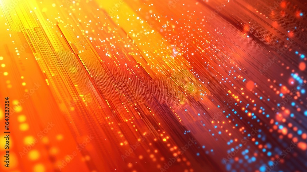 Poster abstract orange data stream with glowing particles and lines.