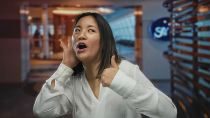 Woman posing indoors hotel mimicking gestures in stylish white shirt with playful expressions in...