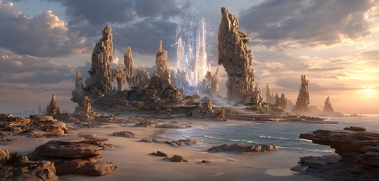 AI-generated blueprint holograms floating over sand-covered ruins at sunset