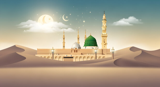 Milad un Nabi Maulid or Mawlid al Nabi Islamic background banner with Madina gold dome under dark sky