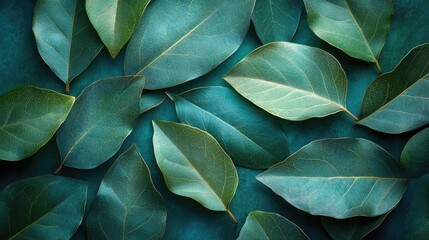 Elegant Tapestry of Textured Green Leaves on a Deep Teal Surface.
