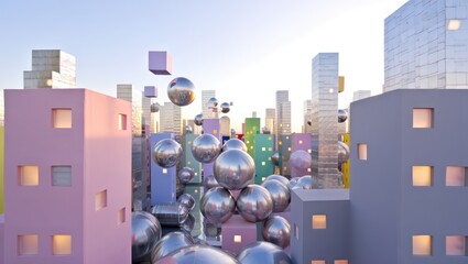 Surreal cityscape with pastel buildings and floating chrome spheres under a pale sky