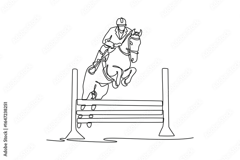 Poster continuous line drawing of man riding horse as they jump over a hurdle, depicting the dynamic action
