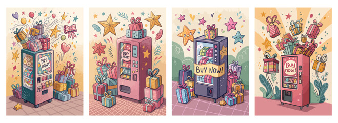 Colorful cartoon vending machines overflowing with gifts and decorations, inviting customers to buy now.