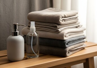 Stack of Neutral Folded Towels with Soap Dispenser and Spray Bottle