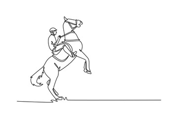 Continuous line drawing of male jockey riding powerful horse rearing on its hind legs, depicting moment of elegant power, grace, and the deep bond between rider and animal. Design vector illustration
