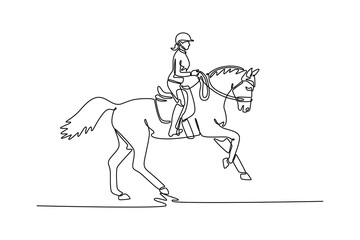 Continuous line drawing side view of female rider on elegant horse at a trot, depicting graceful partnership, skill, and deep connection of the equestrian sport and its discipline. Vector illustration