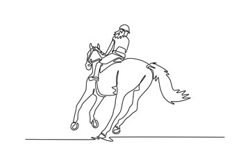 Continuous line drawing back view of beauty female jockey rider on a powerful horse at a full gallop, depicting the dynamic action, speed, and thrilling competition of the elegant sport of equestrian.
