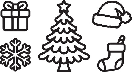Winter Icons Set Outline Style Gift Tree Santa Hat Snowflake Stocking Season Holiday
