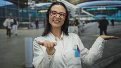 Young hispanic scientist woman in uniform smiling and gesturing invitingly in a bustling outdoor...