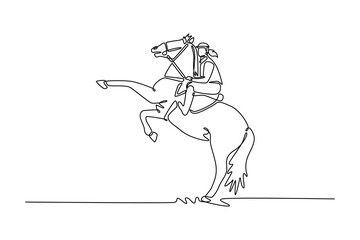 Single line drawing of professional woman jockey on a powerful horse rearing on its hind legs, depicting moment of elegant power, grace, and the deep bond between rider and animal. Vector illustration