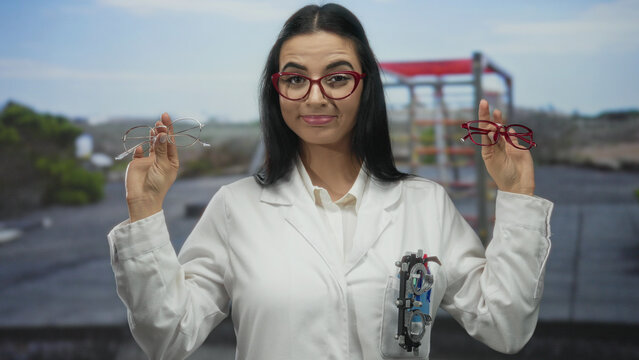 Woman optician holding eyeglasses outdoors in a park with playful playground backdrop, wearing white uniform and smiling confidently on sunny day.