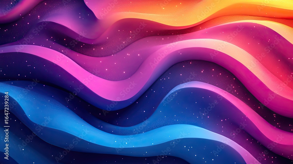 Poster mesmerizing gradient waves with sparkling cosmic dust and soft light.