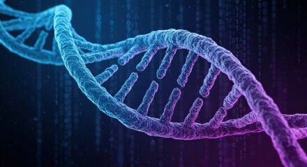 3D Render of DNA Strand with Binary Code Background.