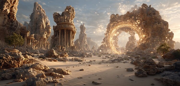 AI-generated blueprint holograms floating over sand-covered ruins at sunset