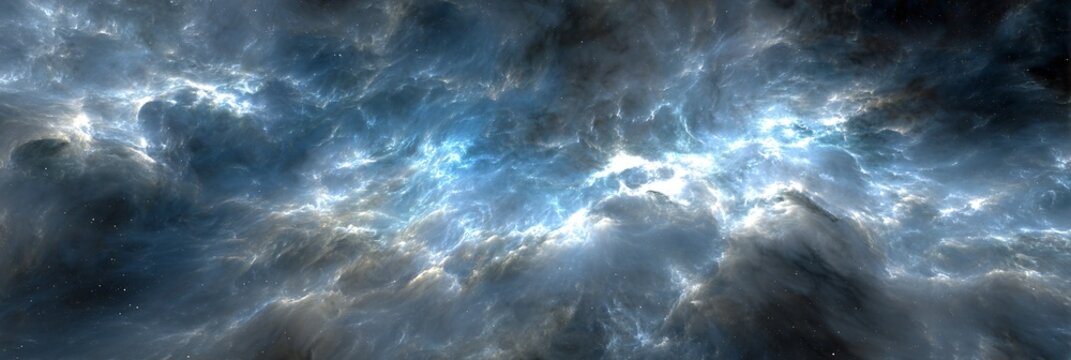 Nuvole scure e minacciose con bagliori di luce blu intensa che attraversano il cielo tempestoso.