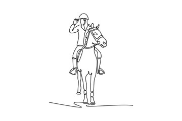 Single line drawing of man on an elegant horse, adjusting his helmet, depicting a calm moment of preparation and the graceful, trusting partnership of the equestrian sport. Design vector illustration