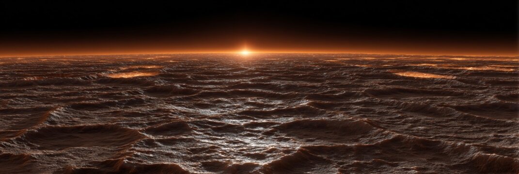 Tramonto rossastro su un paesaggio alieno desolato con crateri e un orizzonte lontano.