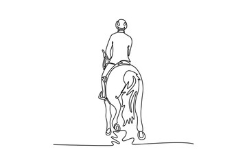 One line drawing of a human rider on an elegant horse, viewed from the back, depicting the peaceful partnership, trust, and graceful relationship of the equestrian sports. Design vector illustration
