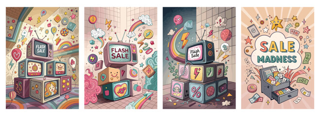 Colorful and playful illustrations showcasing a flash sale theme with vibrant designs and fun elements.
