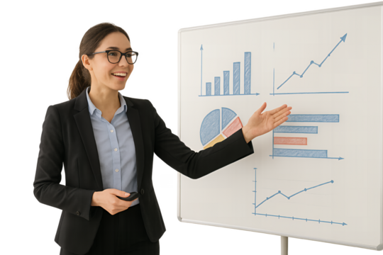 businesswoman showing graph on whiteboard