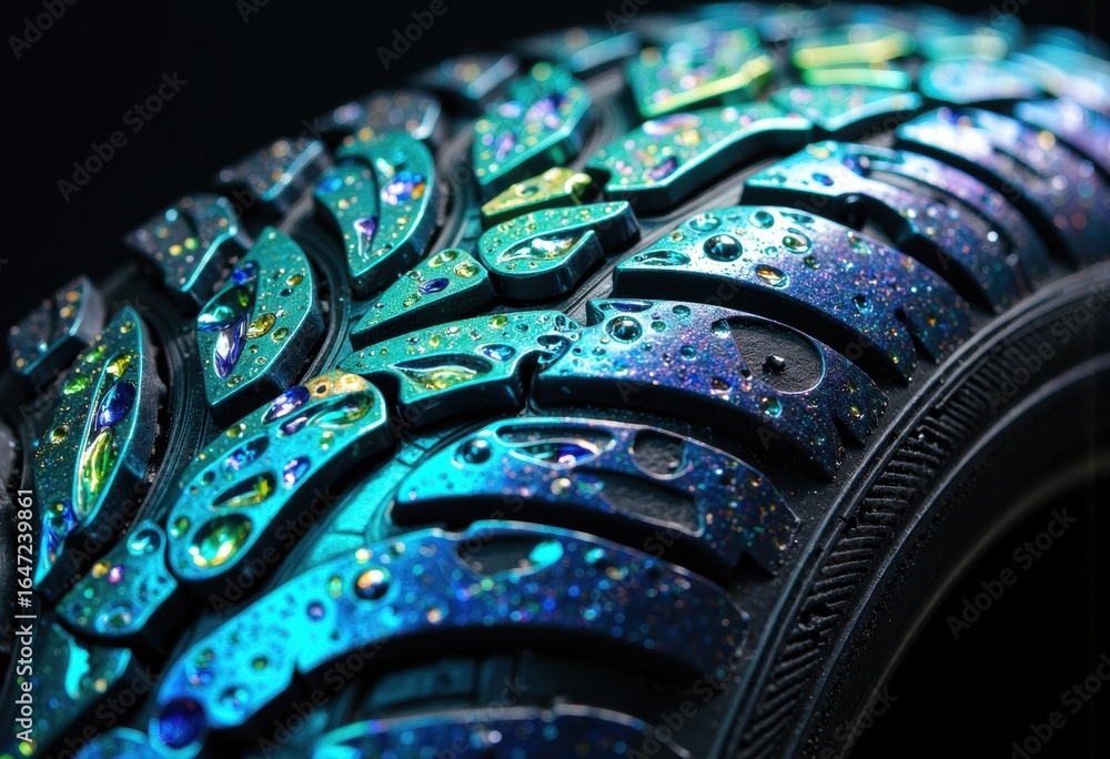 Poster close-up of a tire with water droplets on the tread pattern creating a shiny, reflective surface