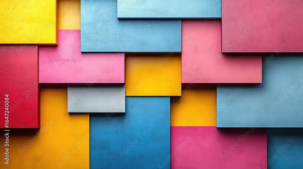 Poster vibrant geometric abstraction of layered textured color blocks.