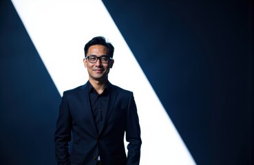 Obraz premium Confident businessman in formal suit standing against modern geometric background