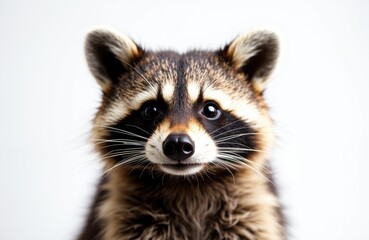 Fototapeta premium Cute raccoon facing forward with bright eyes and soft fur on a plain background
