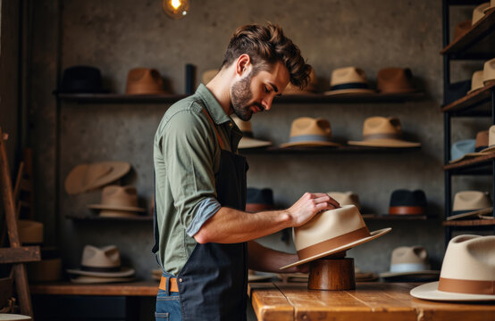 Man inspecting a beige fedora hat in a hat shop with shelves of hats in the background