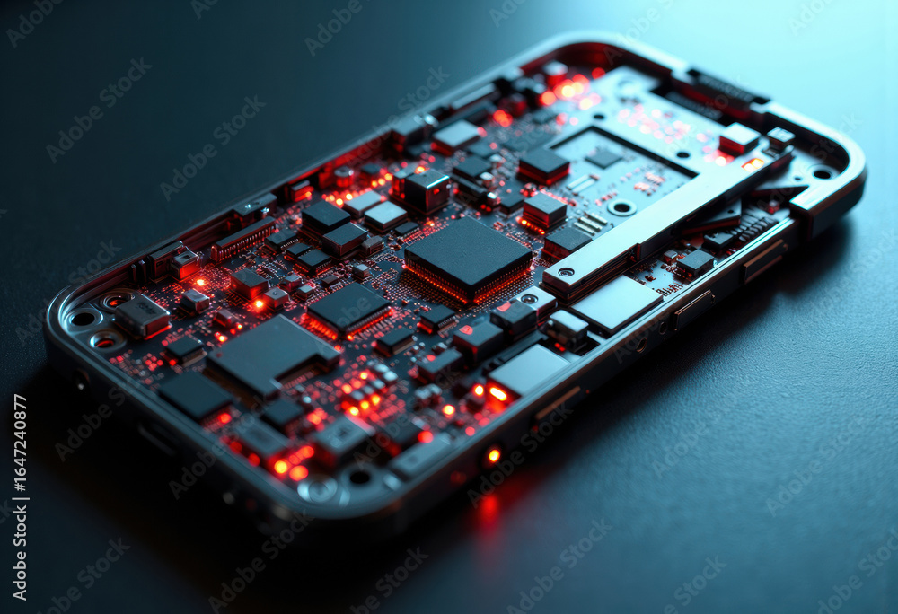 Aufkleber a close-up view of a smartphone's internal electronic circuit board with illuminated components