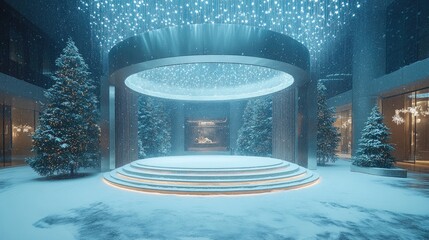 Enchanting Winter Wonderland: Illuminated Stage Amidst Snowfall and Festive Trees.