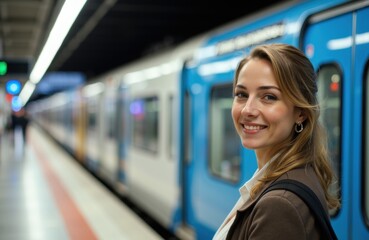 Obraz premium Woman smiling at subway station with train in background