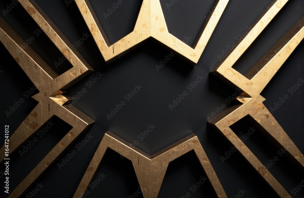 Poster geometric gold frame shapes arranged on black background creating a modern abstract pattern