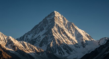Fototapeta premium K2 mountain peak under clear blue sky, sunlit ridges