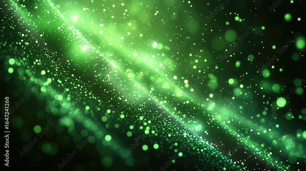 Poster abstract green sparkle: dynamic bokeh and particle flow on dark background.