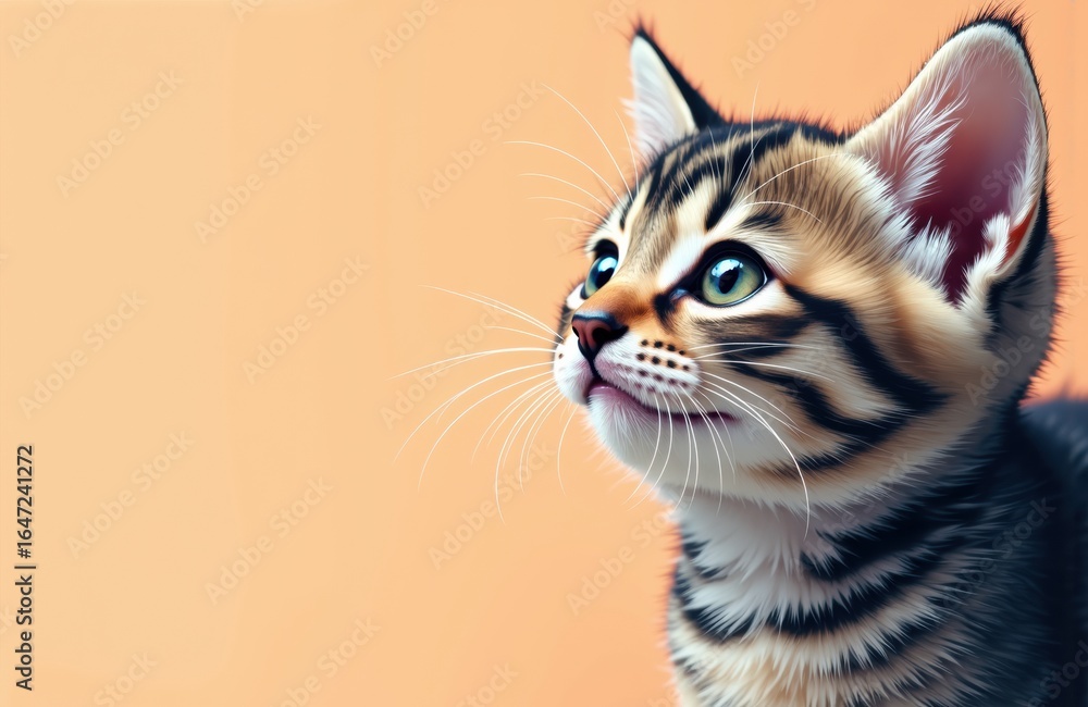 Poster a close-up of a tabby kitten looking upwards with a soft peach background