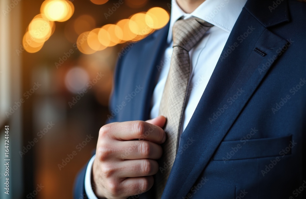 Poster a businessman adjusting his tie in a professional setting with warm bokeh lighting in the background