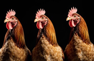 Naklejka premium Three chickens with expressive faces and open beaks against a black background