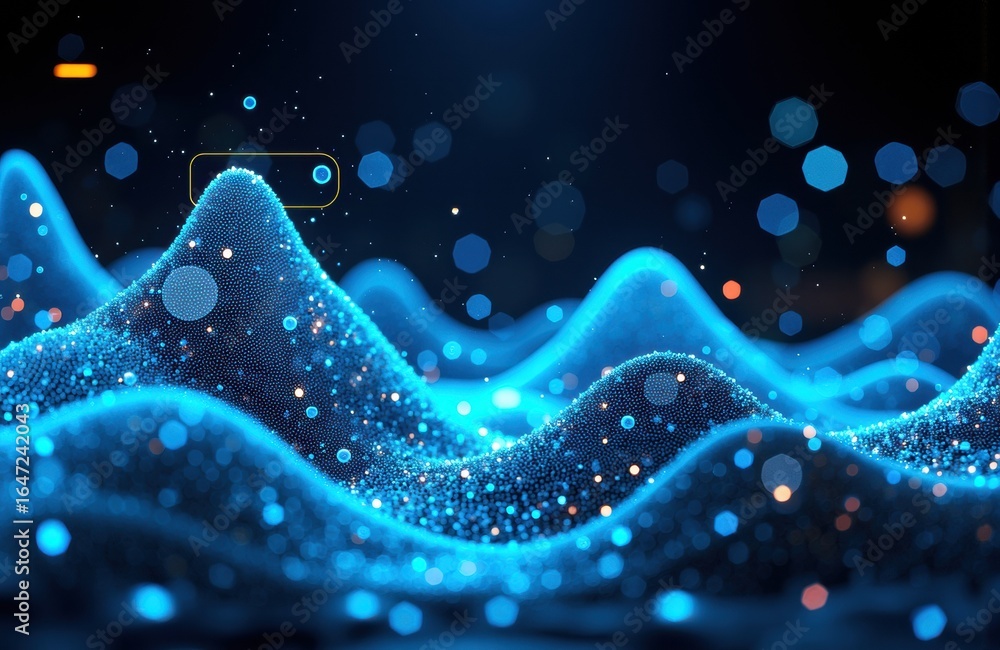 Poster futuristic digital wave with glowing particles and data points on dark background