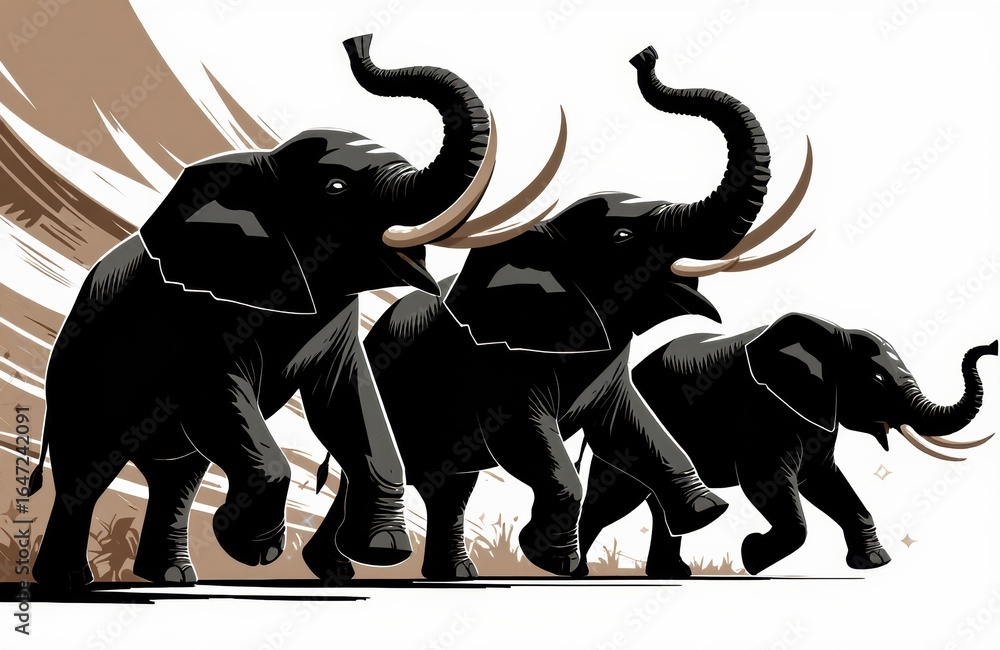 Poster three stylized elephants walking in a line with dynamic brushstroke effects and a neutral background