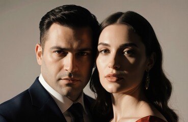 A close-up of a stylish man and woman with serious expressions looking directly at the camera