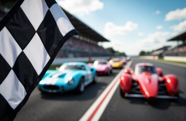 Racing cars cross the finish line at a motorsport event with a checkered flag in the foreground