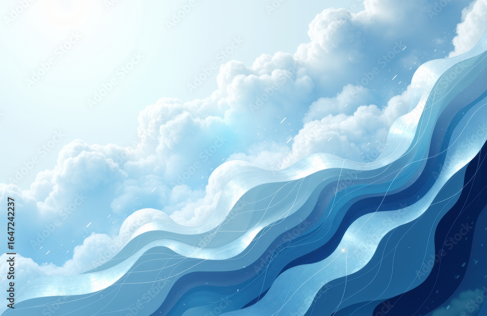 Poster blue sky with fluffy white clouds and stylized wave patterns creating a dynamic sky scene