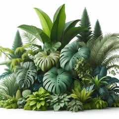 Obraz premium A dense cluster of diverse green plants, including a large monstera, palm branches and tall cypresses, creates a sense of depth and volume on a white background. Shades of green range from light to 